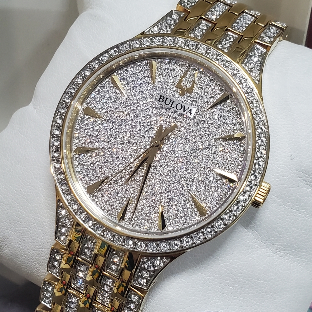 Bulova Men's Phantom Quartz Pave Dial Crystals Stainless Steel Watch 40mm 98A229